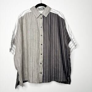 Alembika Linen Constrast Stripe Button Down Short Sleeve Oversized Shirt XS